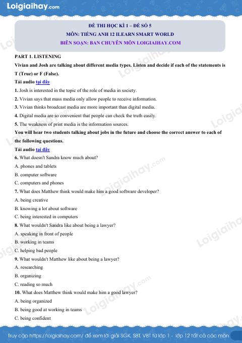 Đề thi học kì 1 Tiếng Anh 12 iLearn Smart World - Đề số 5
